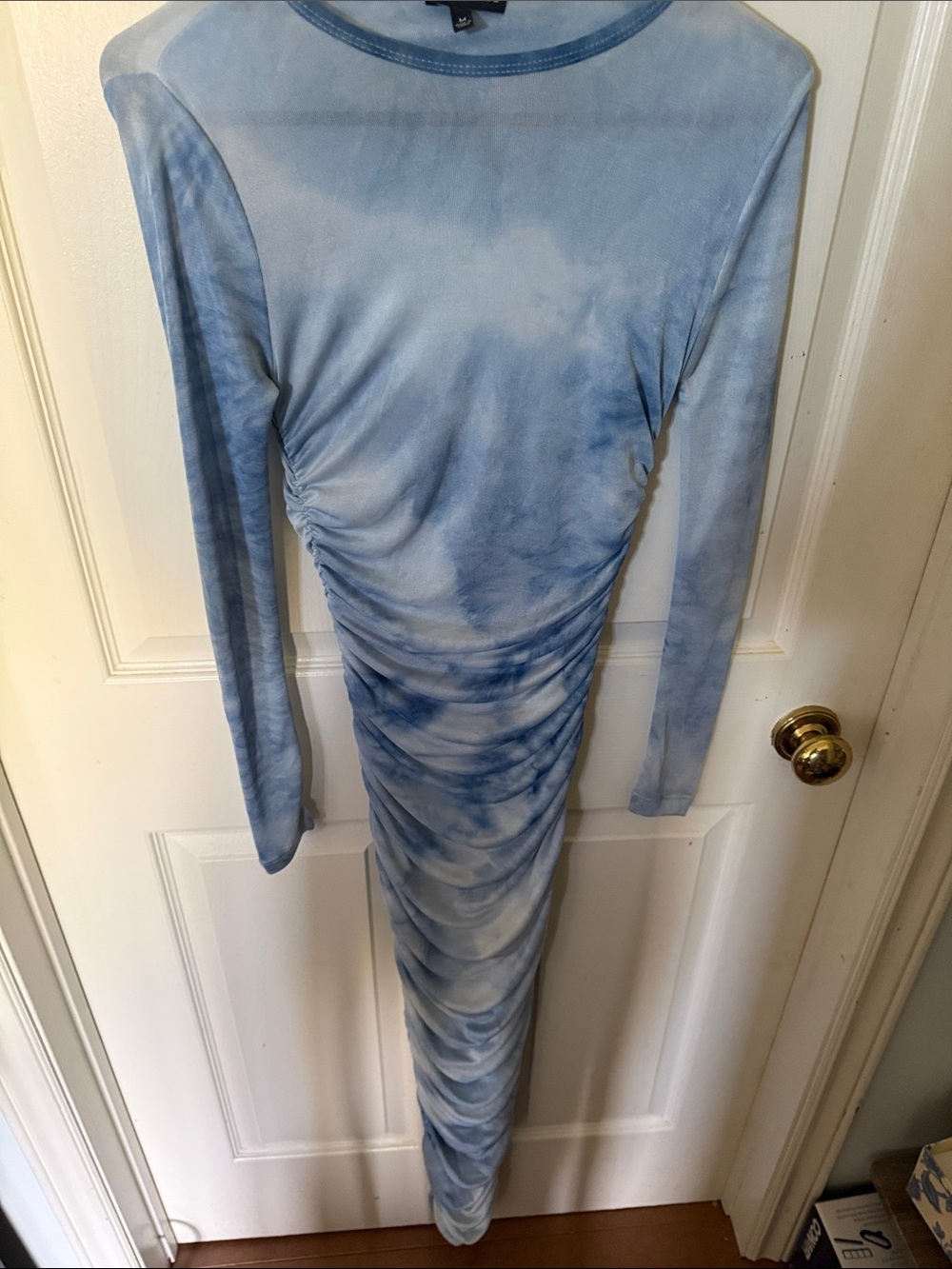 Light Blue Tie-Dye Ruched Long Sleeve Maxi Dress